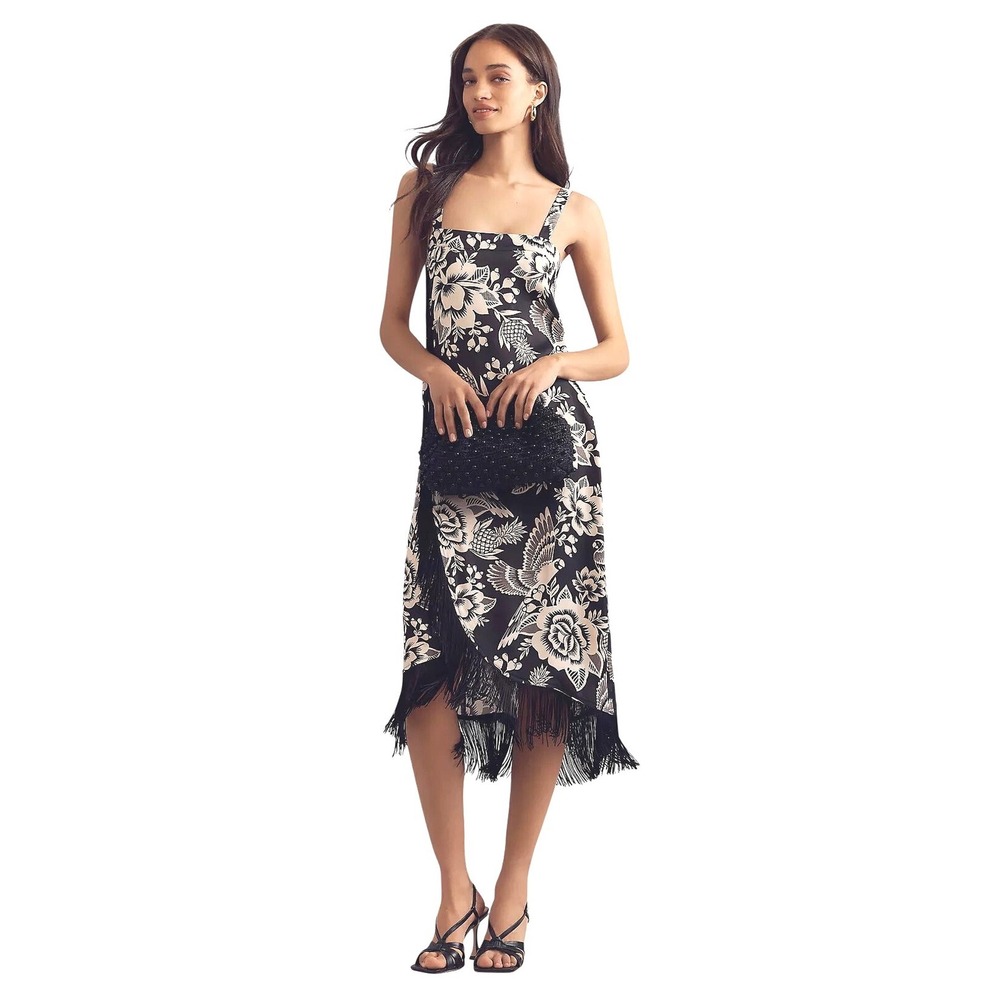 Farm Rio Midi Dress Black Floral Fringe Square Neck Sleeveless Small